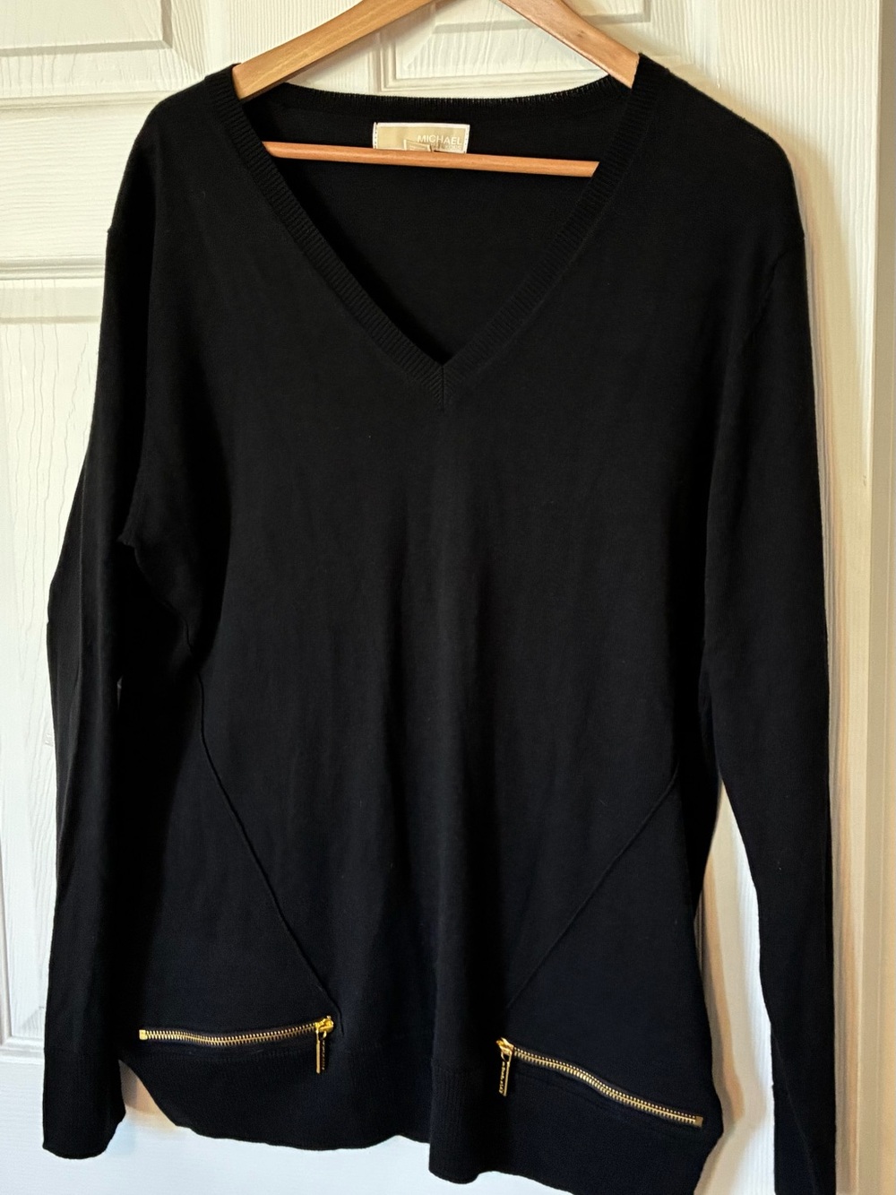 Michael Kors Black V-Neck Sweater with Gold Zip Accents